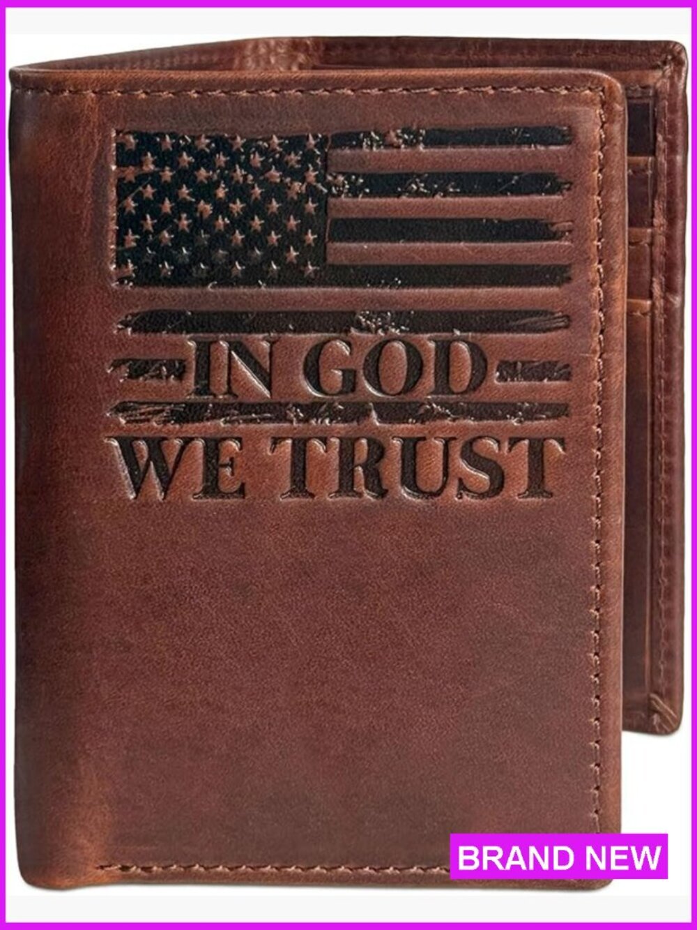 Full Grain Leather Trifold Wallet RFID Blocking Vintage Brown Patriotic Design